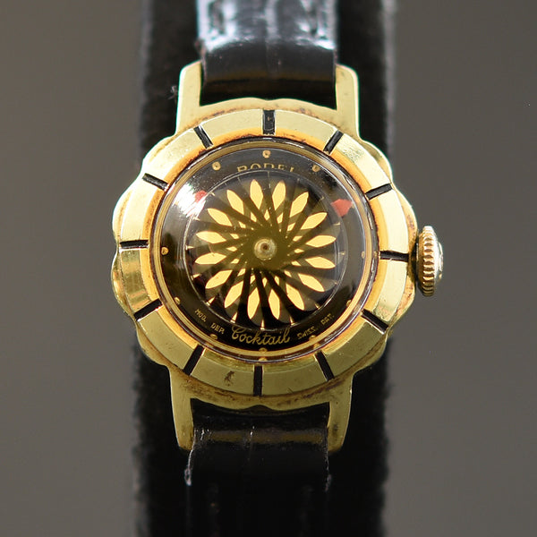 60s ERNEST BOREL Cocktail Black Flower Ladies Vintage Watch