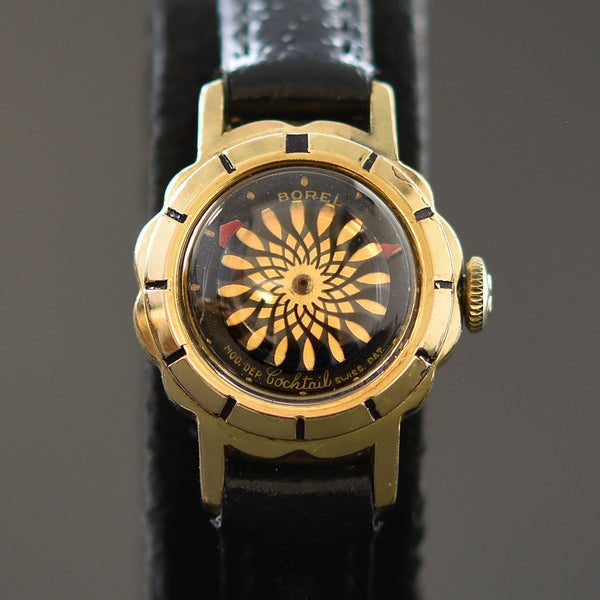 50s ERNEST BOREL Cocktail Black Flower Ladies Vintage Watch