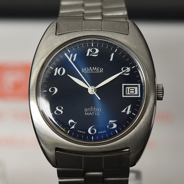 70s NOS ROAMER Anfibio Matic Gents Date Swiss Watch + Box