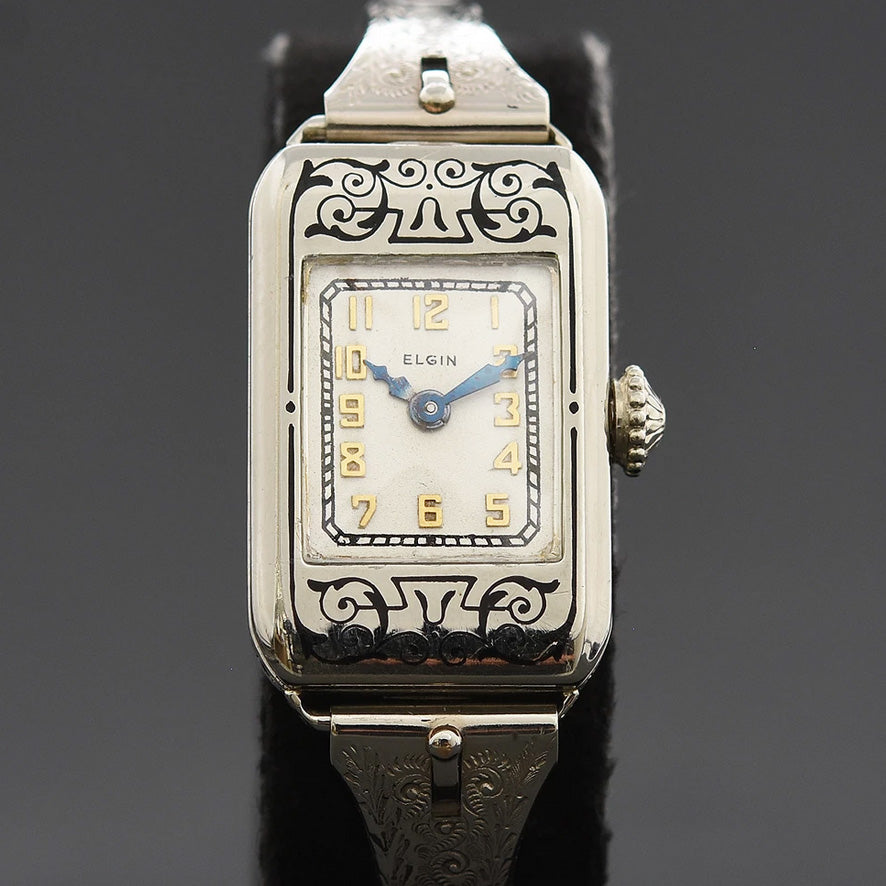 1928 ELGIN USA Model 122 Ladies 14K Solid Gold Art Deco Enamel Watch
