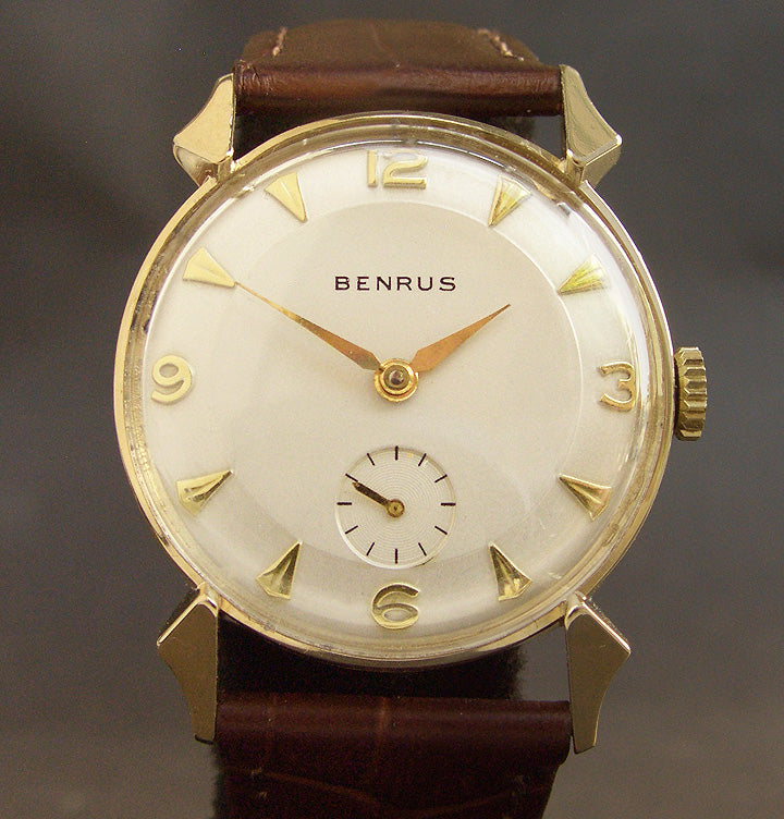 40s BENRUS 'Pie-Pan' Gents 14K Solid Gold Vintage Watch