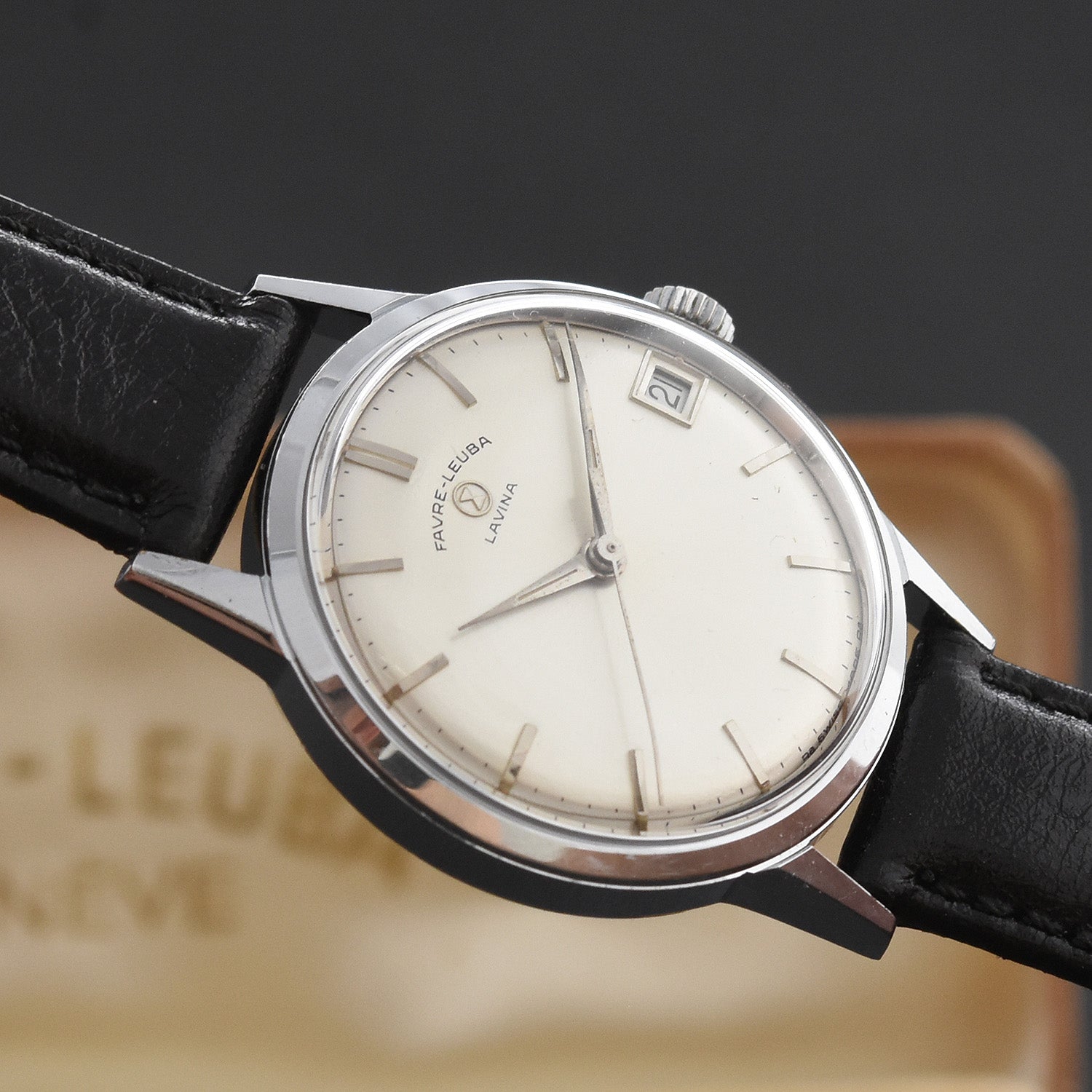 50s FAVRE LEUBA Classic Gents Date Swiss Watch w/Box
