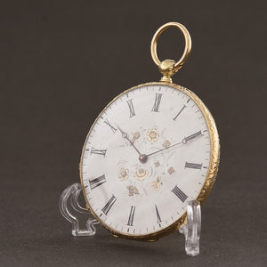 1870s SWISS Floral 18K Gold Slim Cylinder Pocket Watch