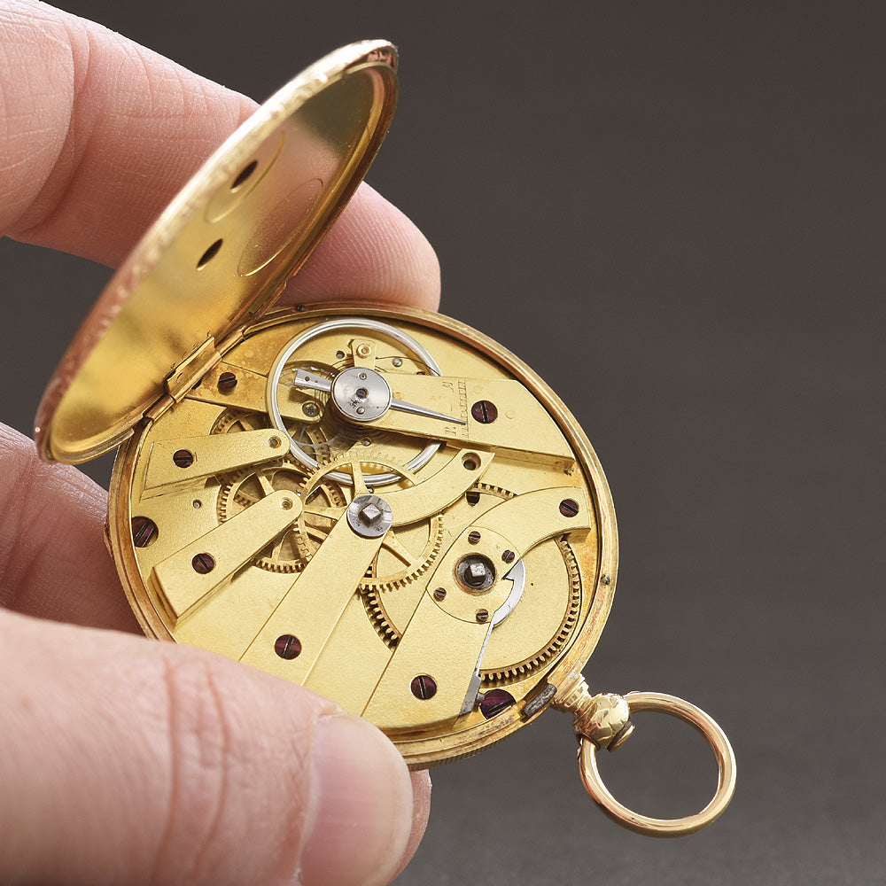 1870s SWISS Floral 18K Gold Slim Cylinder Pocket Watch