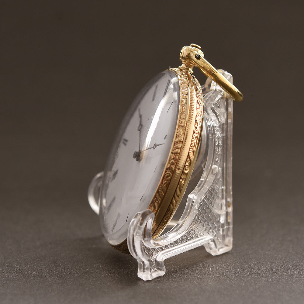1870s SWISS Hunter Scene 18K Gold Slim Cylinder Pocket Watch