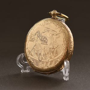 1870s SWISS Hunter Scene 18K Gold Slim Cylinder Pocket Watch