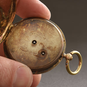 1870s SWISS Hunter Scene 18K Gold Slim Cylinder Pocket Watch