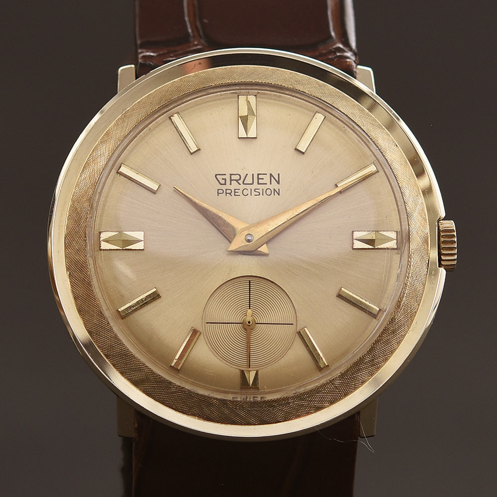 50s GRUEN Precision 14K Gold Textured Gents Watch