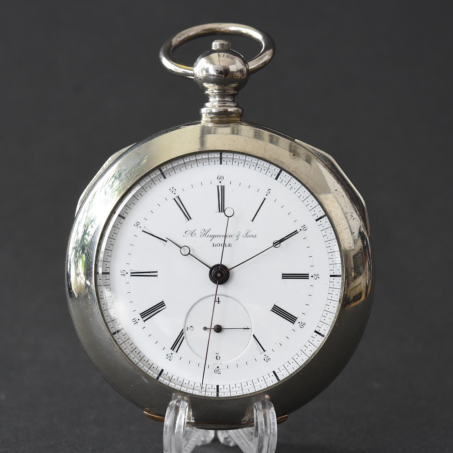 1870s A. HUGUENIN Swiss Independent 1/4 Second Chronograph Pocket Watch