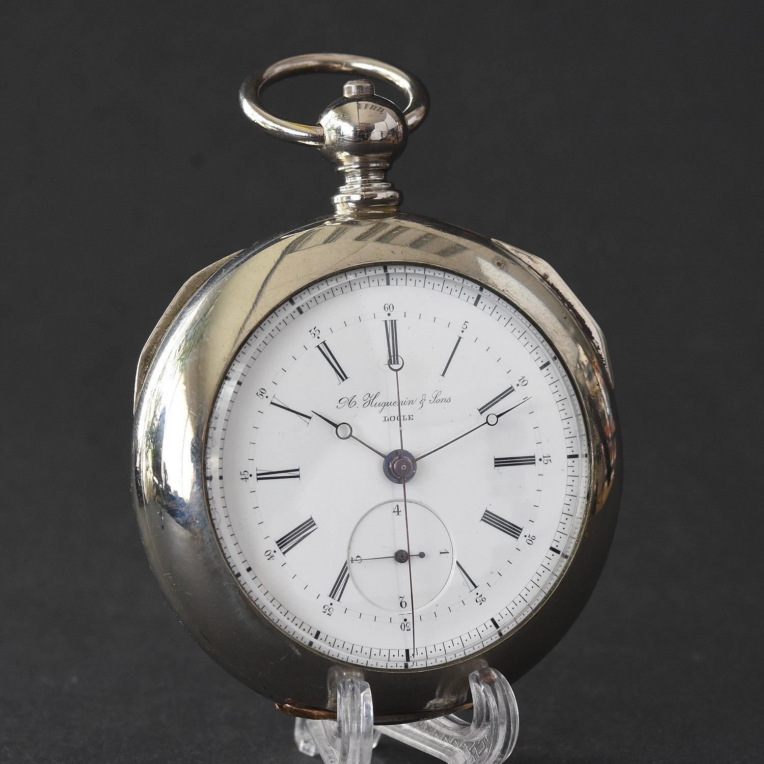 1870s A. HUGUENIN Swiss Independent 1/4 Second Chronograph Pocket Watch