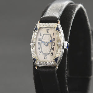 20s RAMLE Ladies 18K Gold & Diamonds/Sapphires Art Deco Watch