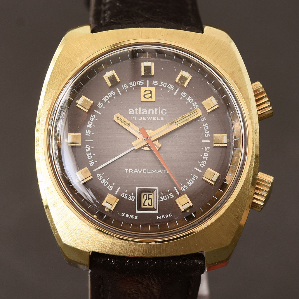 70s NOS ATLANTIC Travelmate Alarm Date Swiss Watch