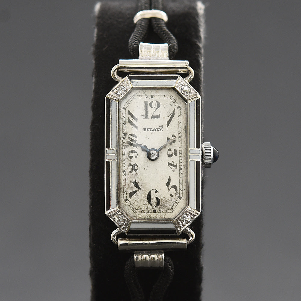 1930 BULOVA Ladies 18K Gold/Platinum Enamel Art Deco Watch