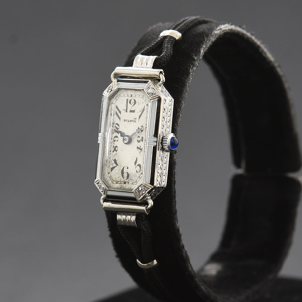 1930 BULOVA Ladies 18K Gold/Platinum Enamel Art Deco Watch