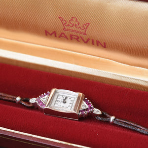 50s MARVIN Ladies 14K Gold Diamonds/Ruby Cocktail Watch