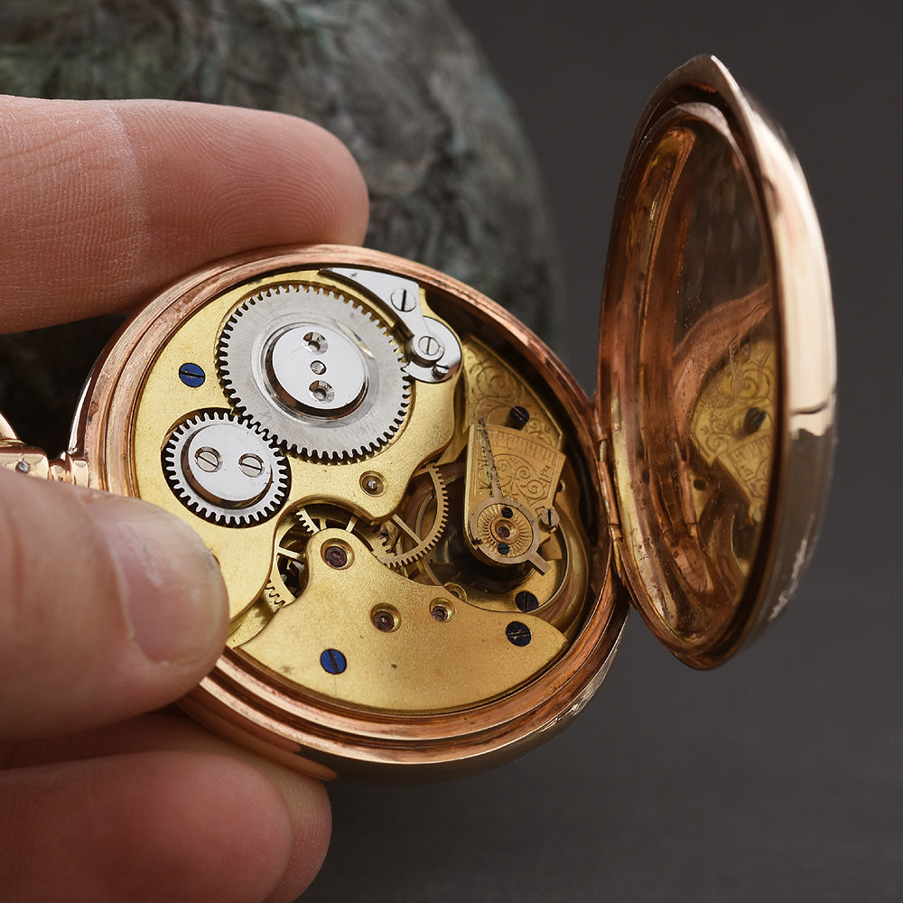 1900s JUMP HOUR 14K Gold Swiss Savonette Hunter Pocket Watch