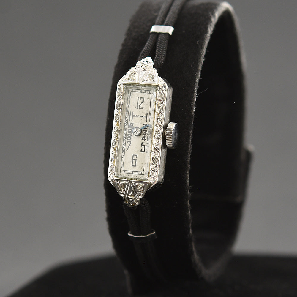 30s WALTHAM USA Ladies 14K Gold & Diamonds Art Deco Watch