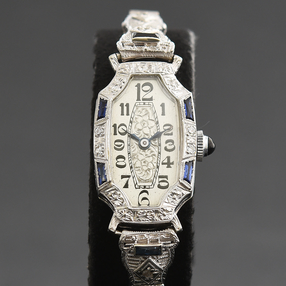 20s HAYDEN Ladies 18K Gold/Diamonds-Sapphires Art Deco Watch