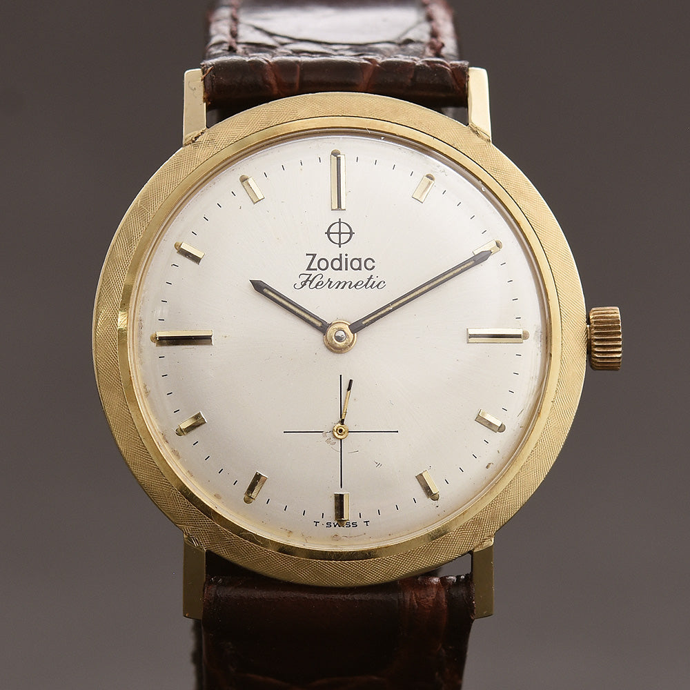 60s ZODIAC Hermetic Gents Florentine 14K Solid Gold Watch