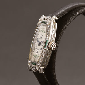 20s HAFIS Platinum/18K Gold & Diamonds/Emeralds Art Deco Watch